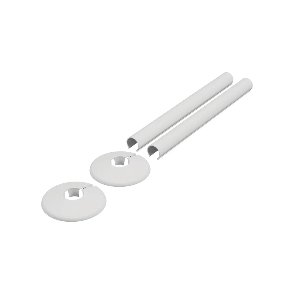 White radiator pipe covers and two collars for 15mm pipe on a white background