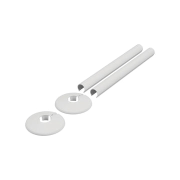 White radiator pipe covers and two collars for 15mm pipe on a white background