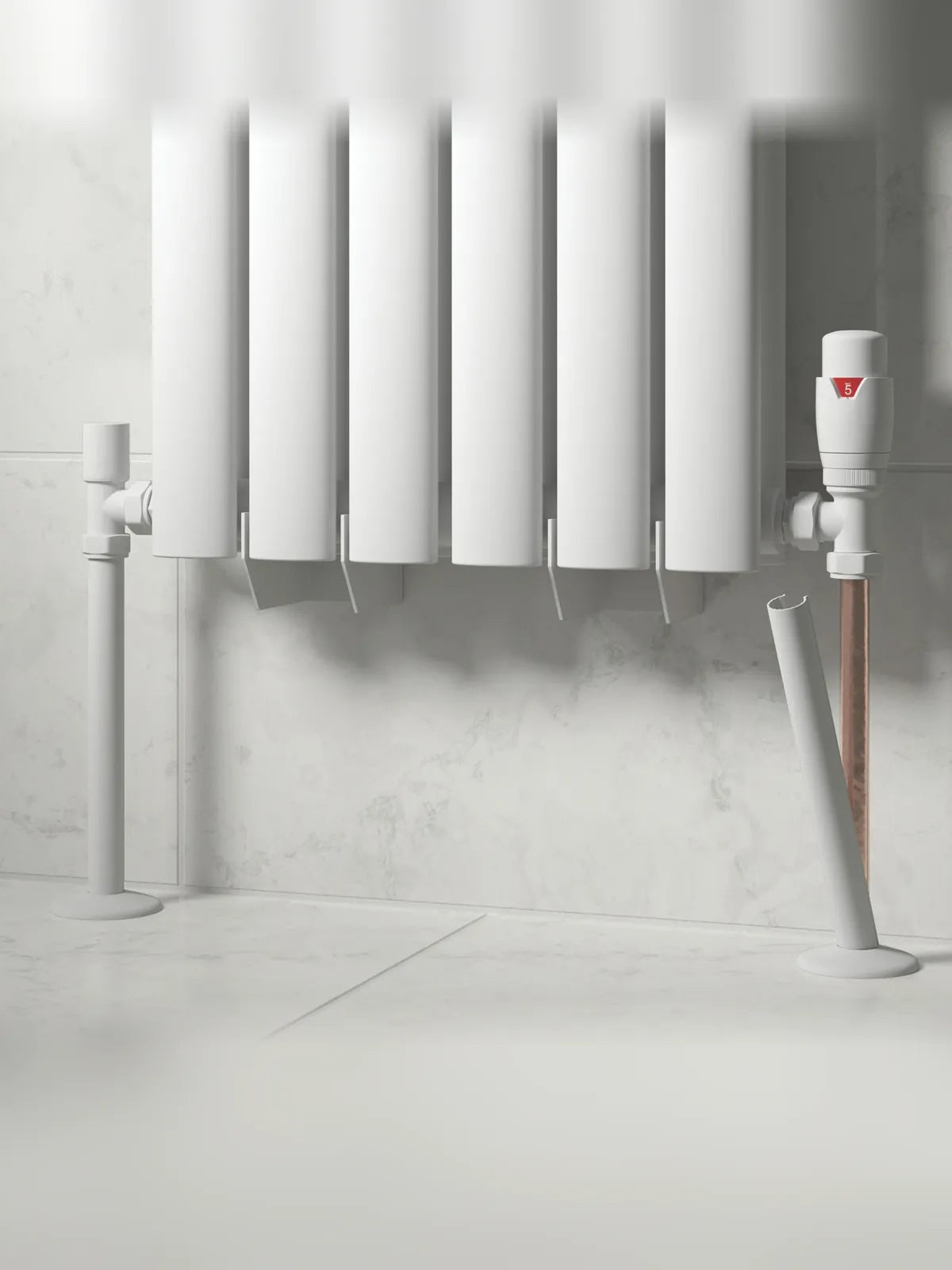 White radiator pipe covers fitted to both pipes of a white radiator, one sleeve shown mid-fit beside the valve